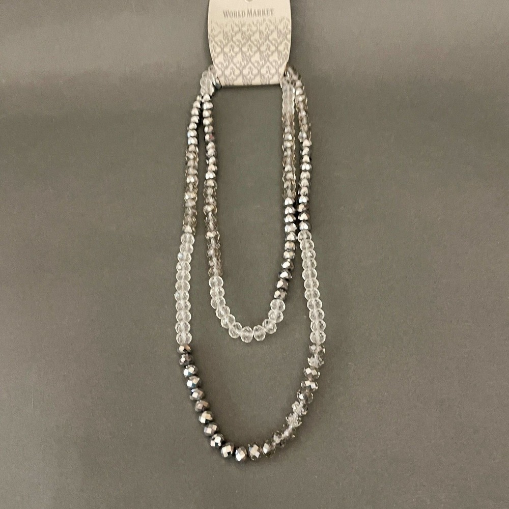 Silver Clear Smoke Gray Beaded Long Fashion Necklace